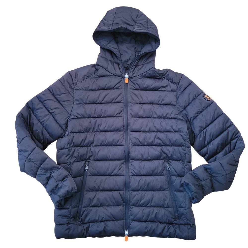 Save The Duck L Puffer Rain Jacket Black Hooded Plumtech Stretch Coat Outdoors